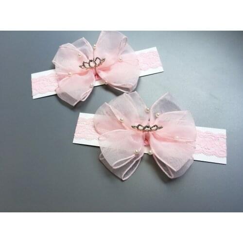 Boutique 10pcs Fashion Glitter Gemstone Flower Soft Hairbands Solid Pink Big Bow Lace Headbands Princess Hair Accessories