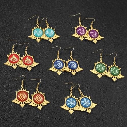 Game Genshin Impact Earrings Metal Pendant Round Eye of God Earrings Water Wind Thunder Fire Element Jewelry Cosplay Props Gift
