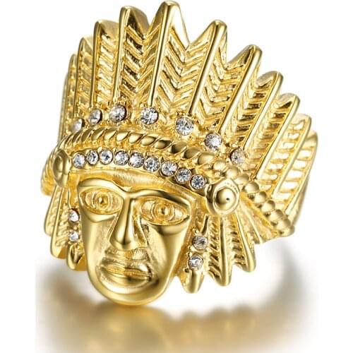 Hip Hop Rapper Bling Ice Out Indians Chief Men Finger Ring Gold Color Titanium Stainless Steel Rings Male Party Jewelry