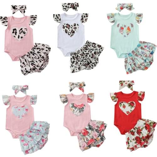 FOCUSNORM 6 Colors Newborn Baby Girls Clothes Sets 3pcs Flowers/Leopard Printed Ruffles Sleeve Romper Shorts Headband 0-24M