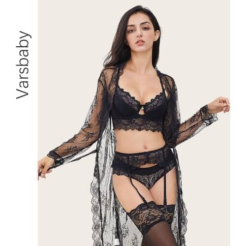 Varsbaby Sexy Push UP Lace Bra And Panties Set Transparent Robe+Bra+ Panties+ Stockings +Y-line Straps +Thong 7 Piece
