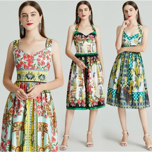 Summer Womens New Print Elastic Waist High Waist Big Hem Slim-Fit Sleeveless plus Size A- line Strappy Dress