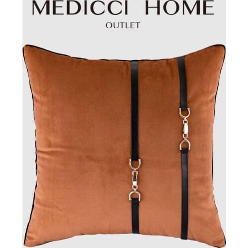 Medicci Home Luxury Cushion Cover Orange Knight Saddle Carriage Letter H Style With Decorative Horsebit Buckle Pillowcase 45x45