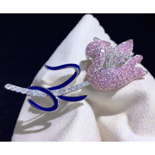 Cute romantic flower brooch 925 sterling silver with cubic zircon tulip brooch pink color fine women jewelry for dress