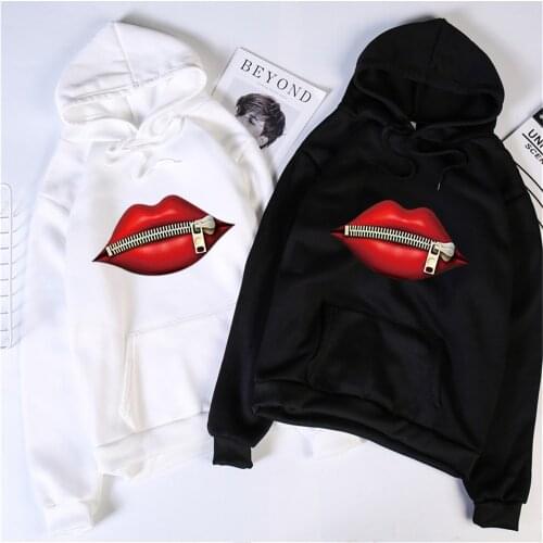 Fashion Womens Red Lip Sweatshirts Long Sleeve Hooded 2020 Vintage Creativity zipper Lips Pullovers Female Casual Warm Hoodies