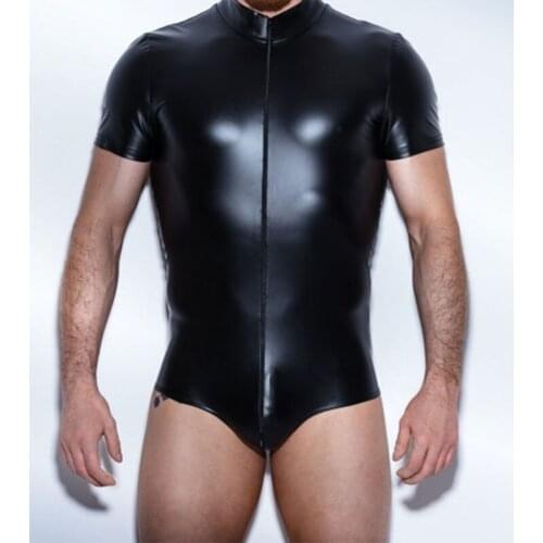 Men Black Faux Leather Wet Look Leotard Bodysuit Gay Male Bulge Pouch Shorts Romper Open Crotch Zipper Underwear Lingerie