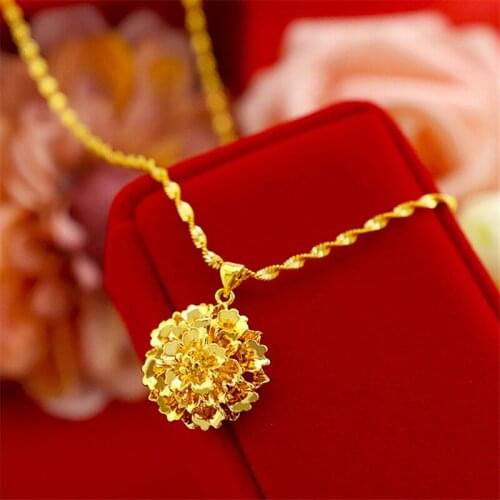 Pure Yellow Gold Color Necklaces for Women Flower Pendant & Necklace Collier Choker Wedding Bridal Jewelry Accessories Bijoux