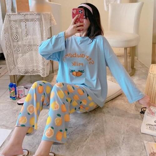 2Pcs Ladies Pajamas Set Cotton Cartoon Printed Pyjamas Women Long Sleeve Shirt+Pants Comfort Nature Sleepwear