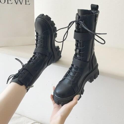 Casual Fmale Platform Motorcycle Boots Women Lace Up Chunky Heel Boots Women Belt Buckle Designer Shoes Woman BotasAdult