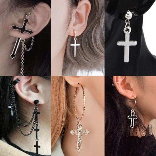 1Pairs Women Mens Stainless Steel Drop Earrings Black Silver Color Cross Gothic Punk Rock Style Pendientes Mujer Moda Jewelry