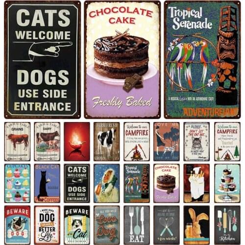 Vintage Tin Signs Animal Cat Dog Cow Metal Sign Plaque Cupcake Campfire Wall Pub Cafe Home Farm Art Kitchen Wall Decor 3Cda-28