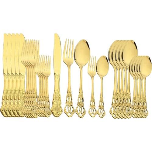 Vintage Luxury Gold Flatware Set Stainless Steel Dinnerware Western Knife Fork Spoon Tableware Hollow Engraving Cutlery Set