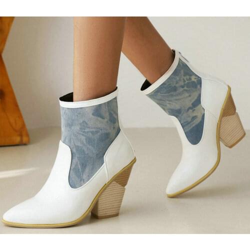 2021 Women Ankle Boots Fashion Pointed Toe Wedges High Heel Ladies Western Boots PU Leather Back Zipper Womens Boots Big Size