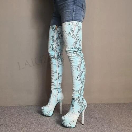 LAIGZEM CHIC Women Thigh High Boots Faux Snake Leather Stiletto Heels Side Zip Boots Crotch Shoes Botines Mujer Big Size 34-52