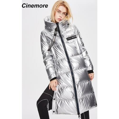 CINEMORE womens down jacket 2020 Thicken length white duck Down silver shiny hood winter Parka Coat Warm Parkas women 82057