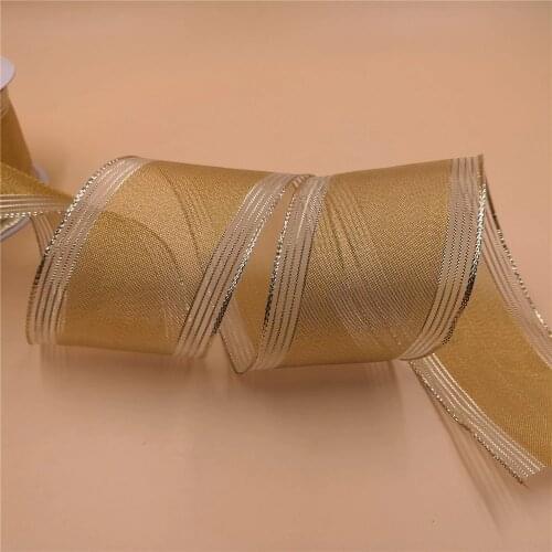 N2072 63mm X 25yards Lt gold organza metallic stripes edges gift packaging wired edge ribbon
