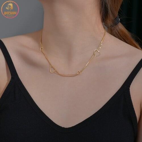 Akizoom Fashion Stainless Steel Necklace for Women Double Layers Chain Choker Necklaces 2 Color Heart Jewelry Gift Freeshipping