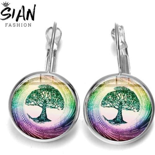 SIAN Coloured Drawing Tree Of Life Earring Green&Dark Supernatural Magic Tree Rune Pattern Glass Round Trendy Statement Earrings