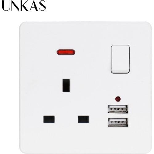 UNKAS White Wall Power Socket 13A UK Standard Switched Outlet 2.1A Dual USB Fast Charger Port LED Indicator