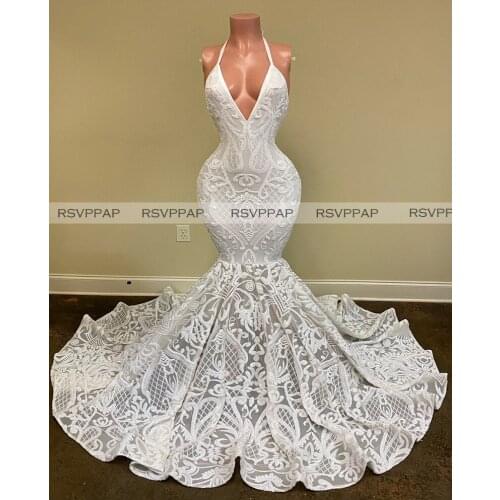 African Girl White Long Prom Dresses 2021 New Arrival Stunning Glitter Sequin Lace V-neck Backless Customized Mermaid Prom Gown