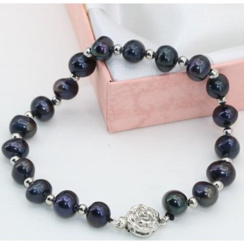 Free shipping new fashion charms flower clasp natural 7-8mm black pearl beads diy bracelets for women jewelry 7.5inch B2803
