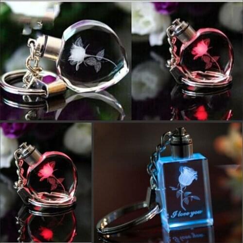 Personalized Design Laser Engraving rose Crystal Keychain LED Colorful Changing Heart Shape Couple Key Chain Fashion Gift 100pcs