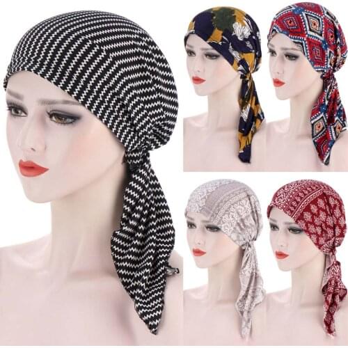 Floral Pattern Muslim Women Hijabs Hat with Long Tail Turban Islamic Head Wrap Scarf Cancer Chemo Cap Hair Loss Cap Bow Bonnet
