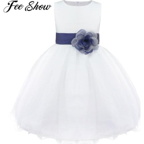 Kids Toddler Girls Cute Polyester Navy Blue Flower Girls Dresses Formal Wedding Pageant Party Bridesmaid Holy Communion Dresses