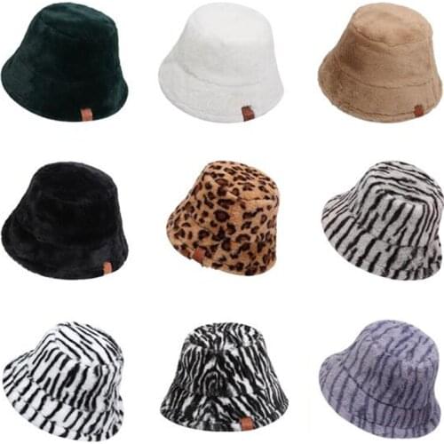 Leopard Fluffy Hat Faux Fur Warm Bucket Hats For Women Girl Cow Print Plush Velvet Winter Hat Fisherman Hats Bob Panama