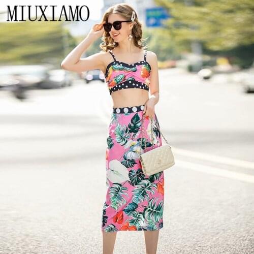 MIUXIMAO Best Quality 2020 Spring Twinset sexy Top Luxury Leaf Fruits Colourful Suits Women Vestidos