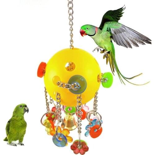 Fashion Pets Parrot Plastic Hollow Ball Flower Shape Bell Ring Hanging Chew Toy Yellow Spherical Belt Pendant Ornament Pendant