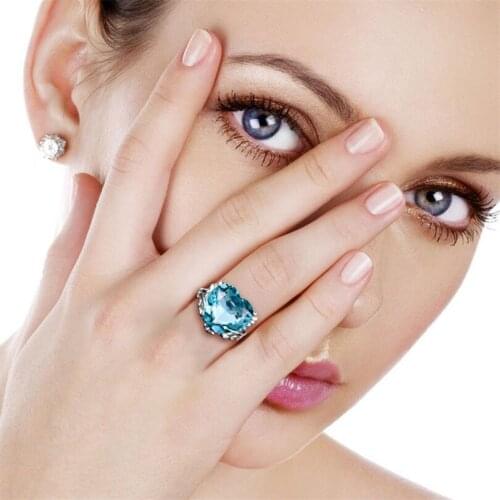New Female Wedding Rings Jewelry Cubic Zirconia Rings Crystal Blue Heart Rings for Women Silver Plated Rings Accessories Gifts