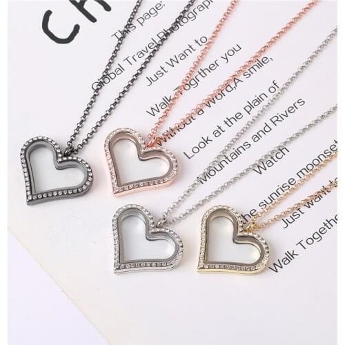 10pcs/lot Romantic Heart with Rhinestones floating charms locket glass living memory lockets necklace with 60cm chains for women
