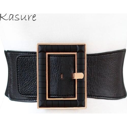 Kasure New Fashion Black PU Wide Waist Belt For Women Ladies Basic Simple Big Buckle Belt Dress Decoration