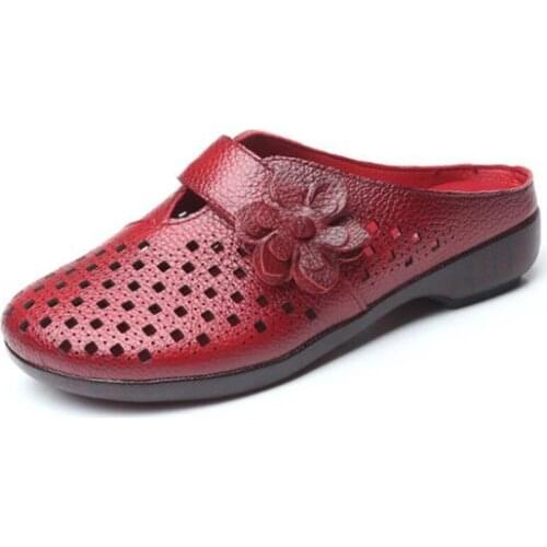 2020 Summer Hollow Flowers Genuine Leather Sandals Slippers Soft Comfort Low-heel Sandals Fashion Casual Sandals Women Sandals