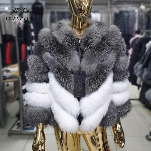 Real Fox Fur Coat Women Winter Warm Natural Thick Fox Fur Twill Gray Stitching White Short Outwear Fashion Lady Jacket FC-443