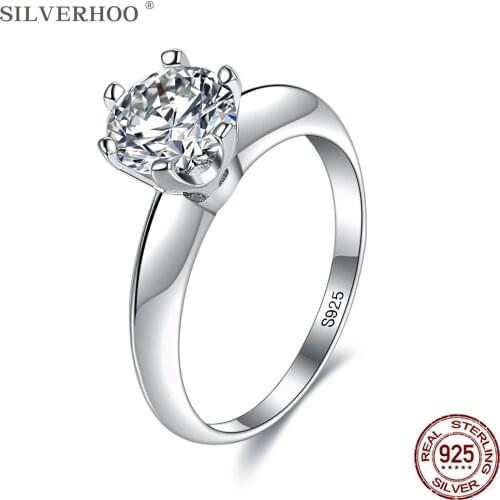 SILVERHOO Women Rings 925 Sterling Silver Shiny Geometry Round 5A+ Cubic Zirconia Wedding Engagement Ring Bride Luxury Jewelry