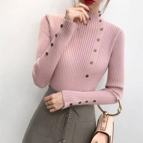 Women Button Decoration Sweaters Casual Bottoming Shirt Turtleneck Full Sleeve Sweater