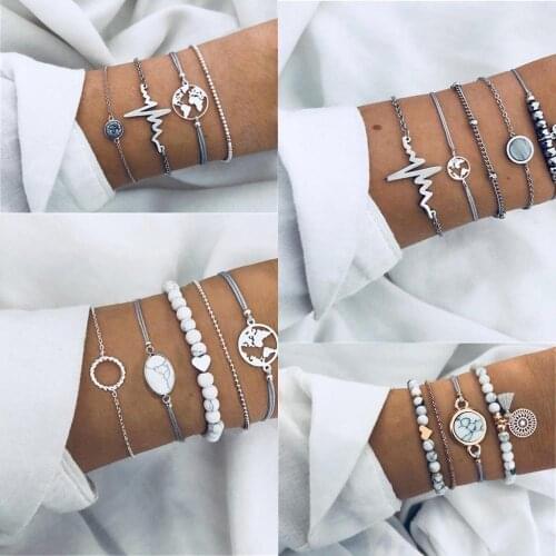 UMKA Bohemian Geometric Stone Bracelet Set Female Retro Rope Map Heart Leaf White Beads Female Jewelry New