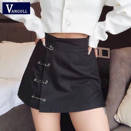 Vangull Punk Rock Style Safety Pin A-Line Mini Skirt High Waist Side Zipper Short Skirt Sexy Female Slim Hip Camo Skirts