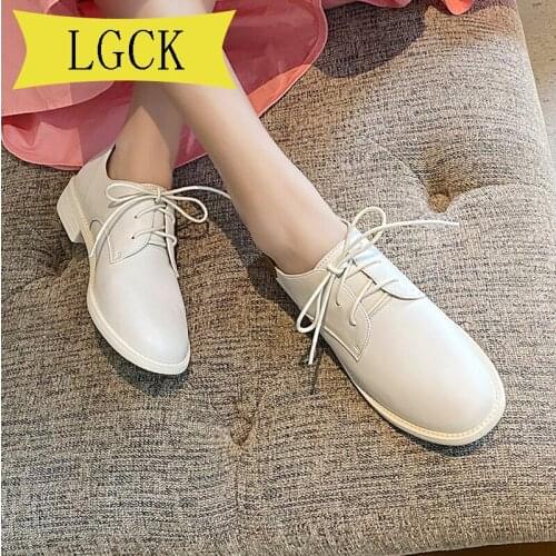 Big Size 34-40 Spring Women Oxford Shoes Ballerina Flats Shoes Women Genuine Leather Shoes Round Toe Lace Up Loafers White Shoes
