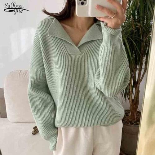 Casual Chic Loose Turn-down Collar Women Knitted Jumpers 2021 Autumn New Full Sleeve Female Solid Pullover Sweaters White 16647