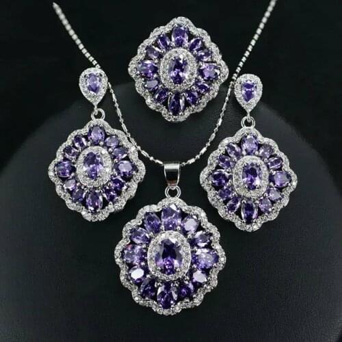 Ethnic Silver 925 Jewelry Purple Zirconia Crystal Jewelry Sets For Women Wedding Earring/Pendant/Necklace/Ring Accessories Gift