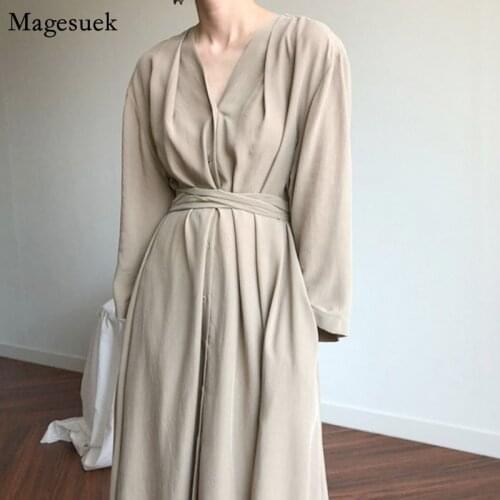Chic Spring Summer Dress Women 2021 Lace Up V-neck Solid Casual Dresses Buttons Loose Vintage Oversize Long Dress Vestidos 13205