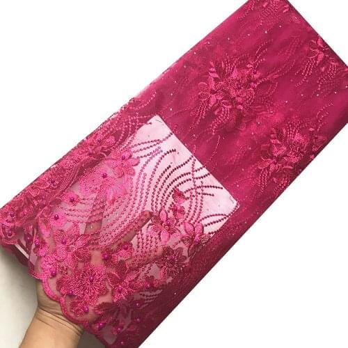 5 Yards Beaded&Rhinestone Fashion Design Fushcia Pink Tulle Lace Fabric Organza African Party Birthday Wedding Dress KRL-6845