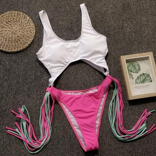 One Pieces Swimwear Women Padded Swimsuit 2021 Tassel Beach Wear High Cut Biquinis Thong Girls Hollow Out Monokini Badpak Dames