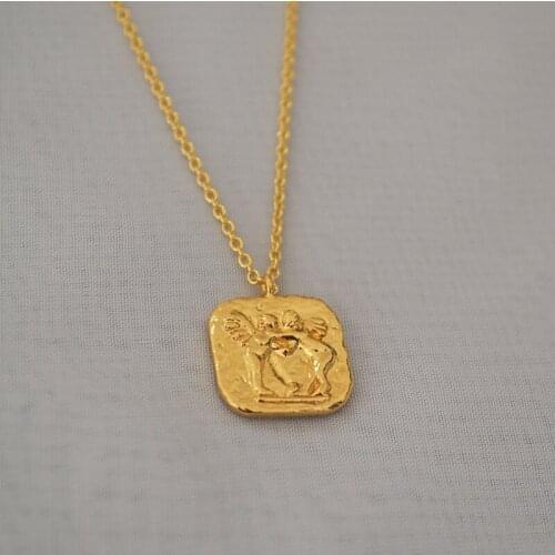 European and American double-sided relief angel square gold coin brass temperament short necklace clavicle chain female