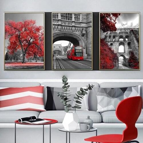 Black And White Red Tree Landscape Diamond Painting Decoration Picture Triptych City Umbrella Tree Diamond Embroidery A763