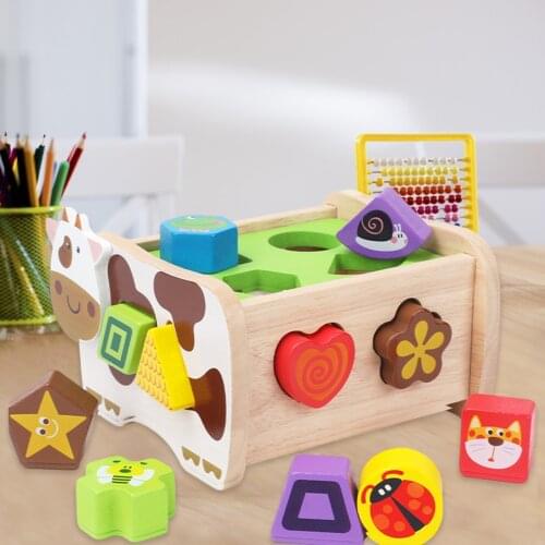 Wooden Shape Classification Box Sorter Toy With 12 Geometric Shape Blocks For Children Aged 1-4 Cow Shape Sorting Box Toy
