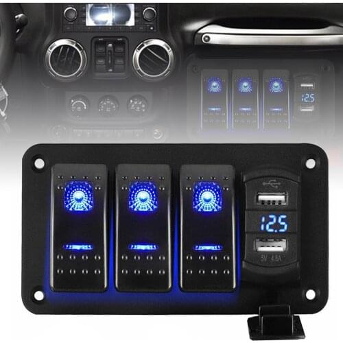Dual LED Light Bar Caravan Marine Boat RV Rocker Switch Panel 12V 24V 4 Gang Universal Car Boat Switch Panel Lighter Socket